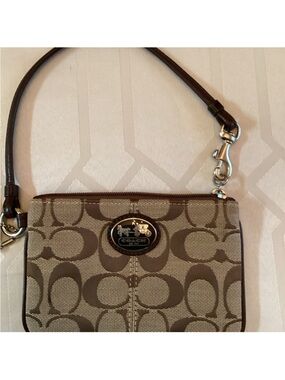 Coach Brown Signature Canvas Wristlet with Dark Brown Trim
